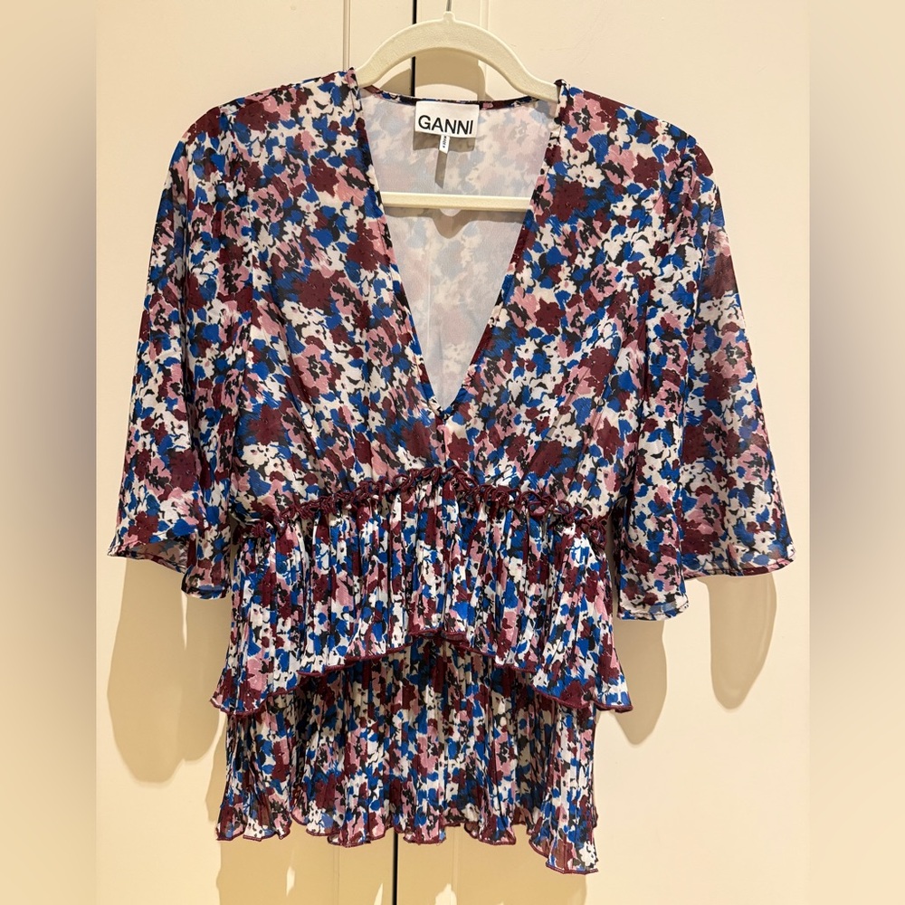 Ganni Blue and Pink Floral V-Neck Blouse